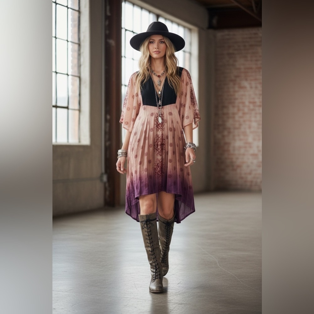 Vintage Free People Dip Dye Caftan Boho Festival High Low Dress